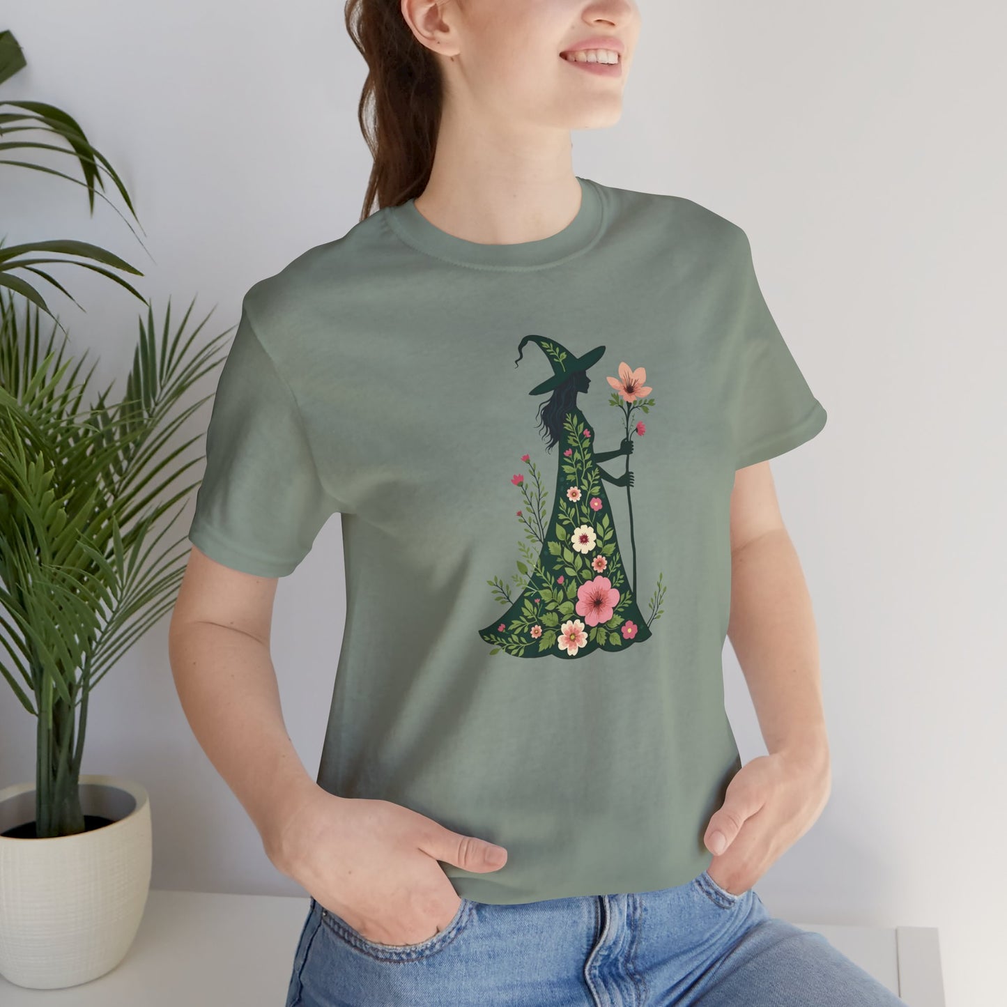 Floral Green Witch Unisex Jersey Short Sleeve Tee