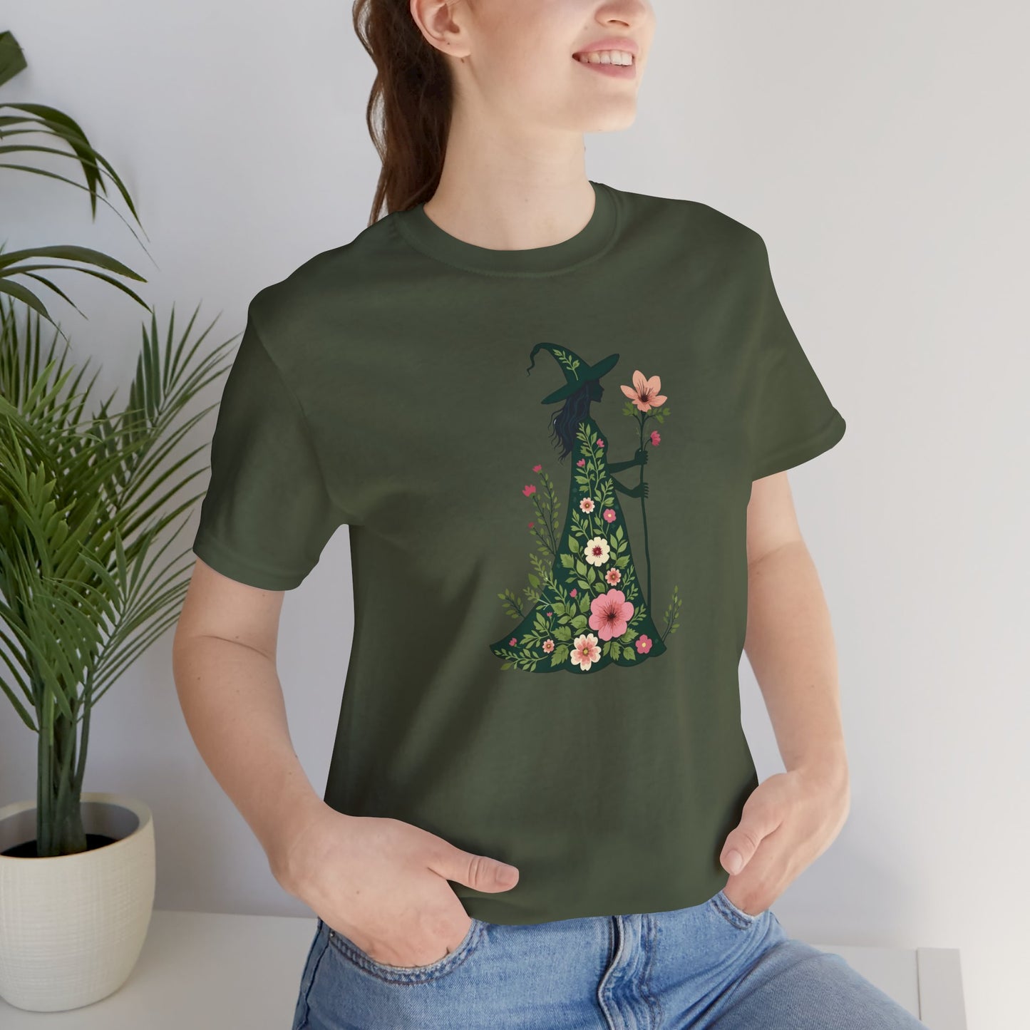 Floral Green Witch Unisex Jersey Short Sleeve Tee